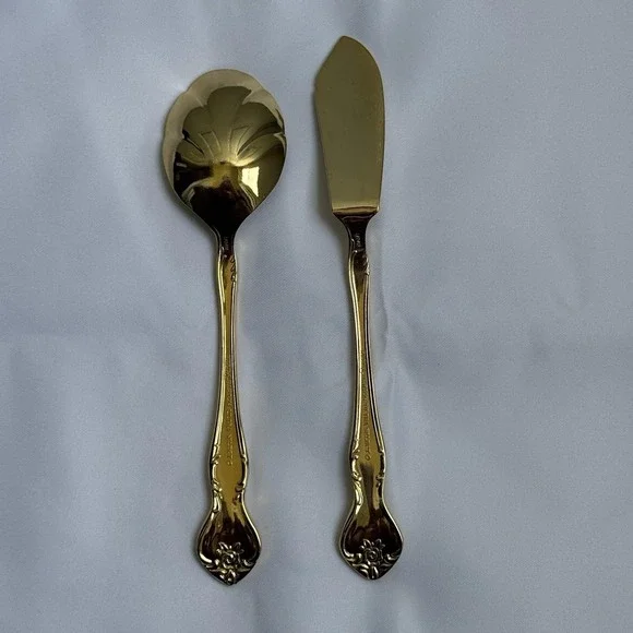 Reed & Barton Ultra Select Gold Plate Serving Spoon Butter Knife Set Japan - Picture 3 of 11